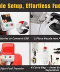 Auto-Stop Fuel Transfer Pump kit by Amazon; portable gray and red unit with 51-inch hose and 4 adapters
