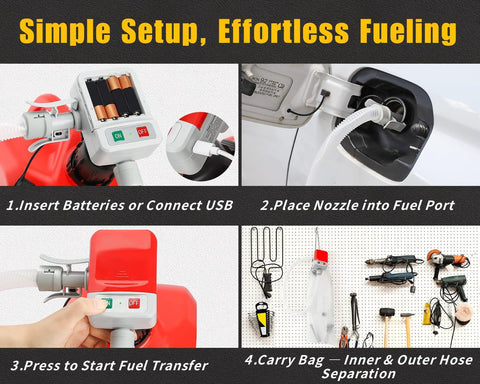 Auto-Stop Fuel Transfer Pump kit by Amazon; portable gray and red unit with 51-inch hose and 4 adapters
