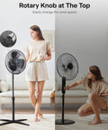 16 Inch Pedestal Floor Fan With 90 Degree Oscillation Three Speed Settings Adjustable Height Keeps Your Room Cool All Day For Bedroom Living Room Kitchen And Home Office Black in a home setting with a person adjusting it.