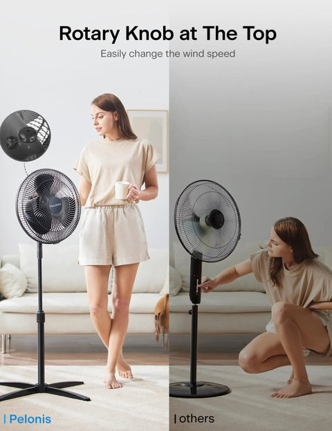 16 Inch Pedestal Floor Fan With 90 Degree Oscillation Three Speed Settings Adjustable Height Keeps Your Room Cool All Day For Bedroom Living Room Kitchen And Home Office Black in a home setting with a person adjusting it.