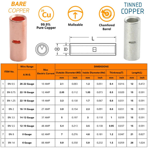 Non Insulated Butt Connectors Kit 380Pcs Marine Grade Tinned Copper Seamless Barrel Crimp Splice Terminals dimensions chart
