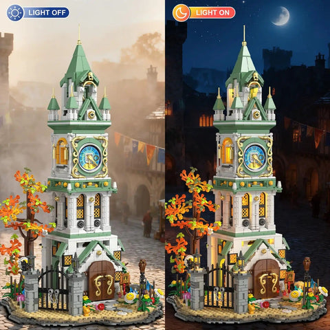 Epic Clock Tower Building Set With Light 1566 Pieces Mega Medieval Castle Kit day and night view