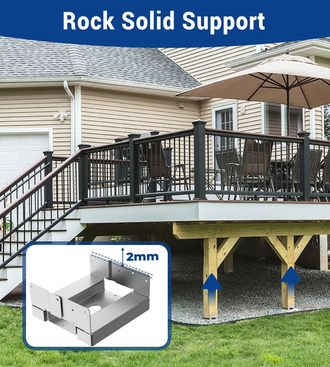 Installed deck with 6 Pack 6x6 Post Base for Concrete Installations, True 5.5x5.5 Inch Wood Posts, Heavy Duty Electro Galvanized Brackets.