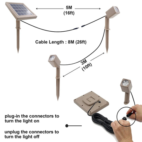 Twin Solar Spotlight Set With Warm White 3000K LED Waterproof Outdoor Garden Yard Pathway Lights, connectors and cable shown