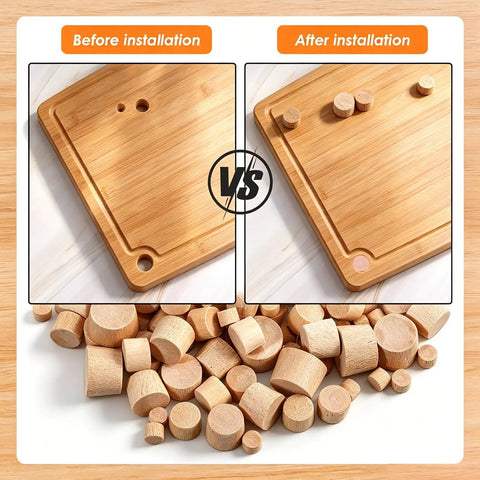 150 Piece Hardwood Hole Plugs For Fast Furniture Makeovers And Paint Ready Surfaces That Fit Like A Glove To Deliver A Totally Legit Smooth Flush Finish On Any Weekend Warrior Project before and after installation visual comparison.