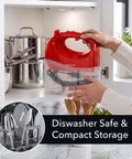 Top Tier Five Speed Electric Hand Mixer With Slick Adjustable Controls And A Sturdy Red Storage Case For Blazing Through Whipping Cream in cabinet.