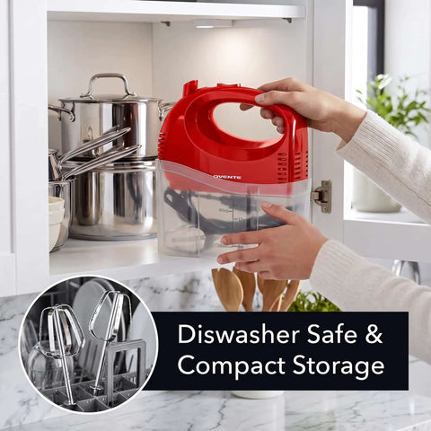 Top Tier Five Speed Electric Hand Mixer With Slick Adjustable Controls And A Sturdy Red Storage Case For Blazing Through Whipping Cream in cabinet.