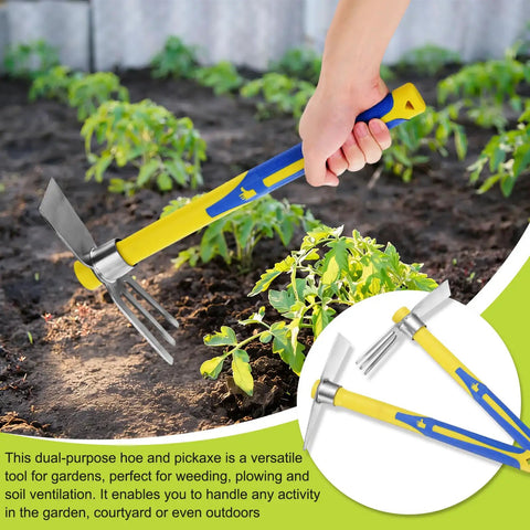 Two Piece Garden Hoe Tools Set With 15.7 Inch Stainless Steel Cultivator Tiller And Pick Mattock Hoe Fiberglass Handle