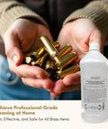 Hands holding brass items next to a bottle of Pro Grade Ultrasonic Brass Cleaning Solution Super Concentrate For Jewelry And Metal Parts 1 Qt Bottle Biodegradable Formula Safe For Ultrasonic Cleaners Ideal For Brass Jewelry And Antiques Coins And Craft Projects