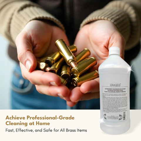 Hands holding brass items next to a bottle of Pro Grade Ultrasonic Brass Cleaning Solution Super Concentrate For Jewelry And Metal Parts 1 Qt Bottle Biodegradable Formula Safe For Ultrasonic Cleaners Ideal For Brass Jewelry And Antiques Coins And Craft Projects