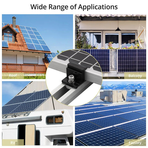 Heavy Duty Solar Panel End Clamps 10 Piece Kit Adjustable 30 To 50 Millimeter Roof Brackets on various rooftops and RV installations.