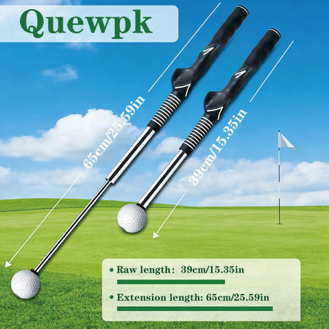 Retractable Golf Swing Trainer With Arm Band For Right Handed Golfers, grip correction aid shown extended on golf course