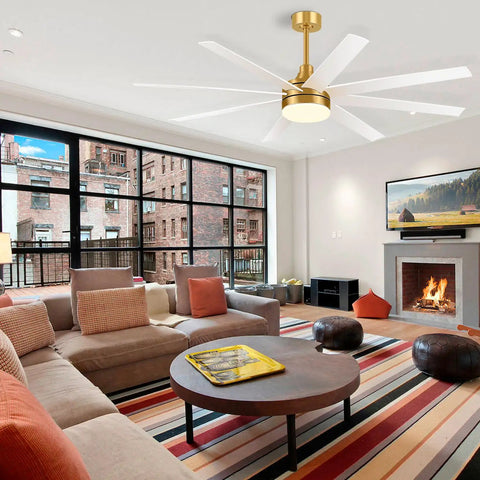Living room with 65 Inch Ceiling Fan With Lights And Remote Six Speed Settings Quiet DC Motor Eight Reversible Blades