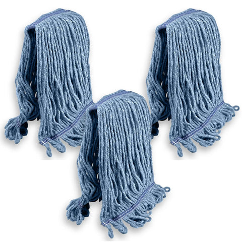 Heavy Duty Commercial Wet Mop Replacement Heads Pack Of 3 Blue Cotton Loop End String Mop Refills For Industrial Floors And Janitorial Cleaning In Professional Environments