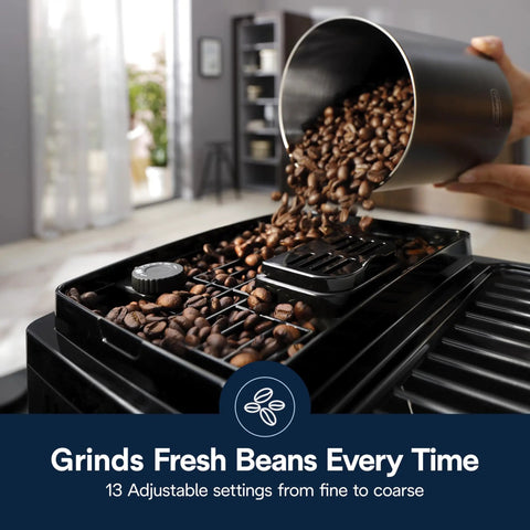 Magnifica Start Automatic Espresso Machine With Built-In Grinder And Manual Milk Frother, coffee beans in grinder close-up