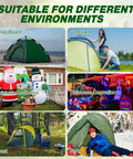 6 tents and decorations shown in various environments; sandy beach, grassland, Christmas and Halloween decorations, forest, snow.