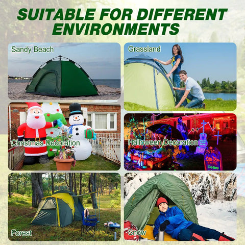 6 tents and decorations shown in various environments; sandy beach, grassland, Christmas and Halloween decorations, forest, snow.