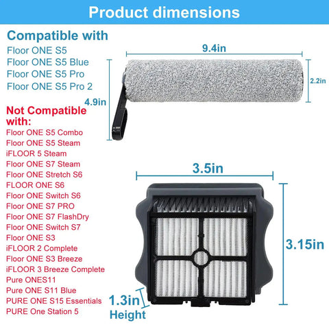 Replacement Roller Brush And Filters Kit For Tineco Floor One S5 And S5 Pro 2 Cordless Wet Dry Vacuum dimensions and compatibility