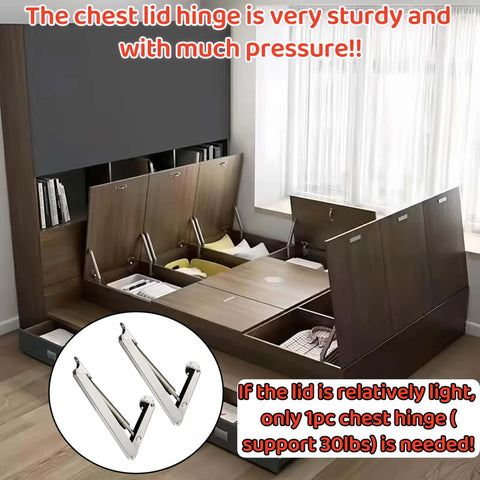 2 Pack Heavy Duty Gas Strut Hinges for lids up to 60 lbs with soft close pneumatic lift, shown installed on storage bench.