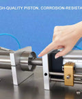 Top Tier Automatic Bottle Filler With Fully Pneumatic Piston Drive, Drip Proof Single Head Nozzle, Horizontal Liquid Filling Machine For Beverages And Cosmetics, 1000 To 5000 Ml Range, Hassle Free Setup And No Sweat Operation showing a close-up of the stainless steel piston assembly.