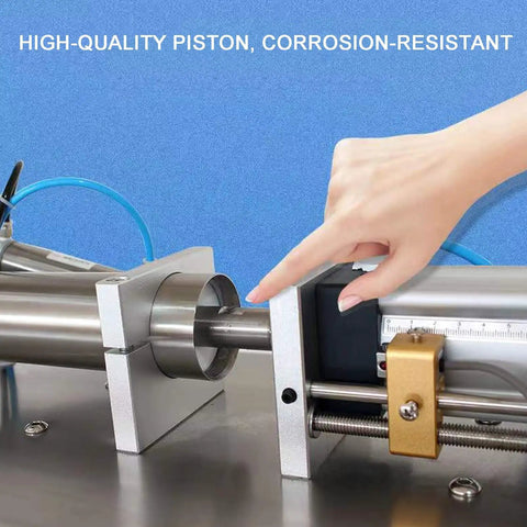 Top Tier Automatic Bottle Filler With Fully Pneumatic Piston Drive, Drip Proof Single Head Nozzle, Horizontal Liquid Filling Machine For Beverages And Cosmetics, 1000 To 5000 Ml Range, Hassle Free Setup And No Sweat Operation showing a close-up of the stainless steel piston assembly.