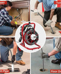 Electric Drain Auger With 30 Meter Steel Cable Drain Snake 250W Motor in use on various home blockages like toilet, floor drain, and sewer.