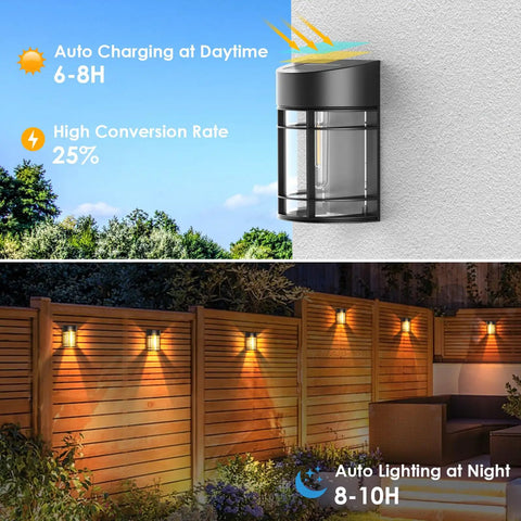 Solar Wall Fence Lights Outdoor 6 Pack, LED Tungsten Filament Deck Lights illuminating a wooden fence at night.