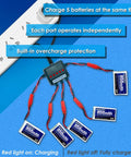 3.7V 850mAh LiPo Battery With JST Plug And X5 Charger for RC drones charging five batteries simultaneously.