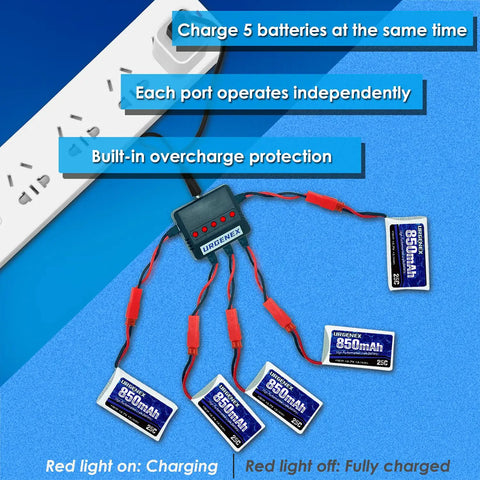 3.7V 850mAh LiPo Battery With JST Plug And X5 Charger for RC drones charging five batteries simultaneously.
