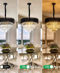 15 Inch Five Light Modern Crystal Chandelier With Three Tier Black And Gold Finish for Dining Room in Off, Daytime, Nighttime modes