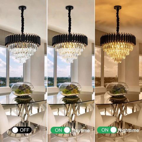 15 Inch Five Light Modern Crystal Chandelier With Three Tier Black And Gold Finish for Dining Room in Off, Daytime, Nighttime modes