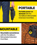 Person holding Go-To Retractable Extension Cord Reel With Light Indicator, 25 Ft Long, wall-mounted on brick wall.