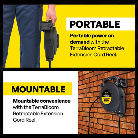 Person holding Go-To Retractable Extension Cord Reel With Light Indicator, 25 Ft Long, wall-mounted on brick wall.