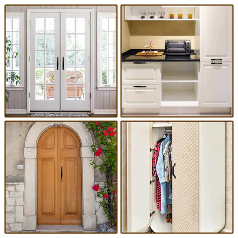 2-Pack 6.1 Inch Black Barn Door Handles Set, Heavy Duty Sliding Door Pulls shown on various doors and cabinets