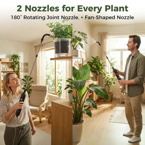 Couple using Rechargeable Cordless High Reach Plant Waterer with telescoping wand and adjustable nozzles on indoor plants.