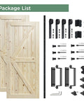 Package contents of 56 X 84 Inch Solid Wood Panelled Barn Door Set With Heavy Duty Sliding Hardware Kit For Two Doors Unfinished Surface Ready To Stain DIY Friendly Assembly Fits 52 To 54 Inch Wide Openings