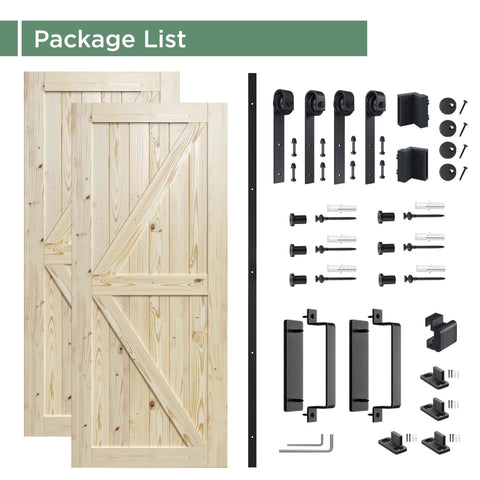 Package contents of 56 X 84 Inch Solid Wood Panelled Barn Door Set With Heavy Duty Sliding Hardware Kit For Two Doors Unfinished Surface Ready To Stain DIY Friendly Assembly Fits 52 To 54 Inch Wide Openings
