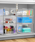 Must-Have Large Clear Stackable Storage Drawers 2-Pack With Handles Easy Pull-Out Plastic Organizer Bins in use under cabinet