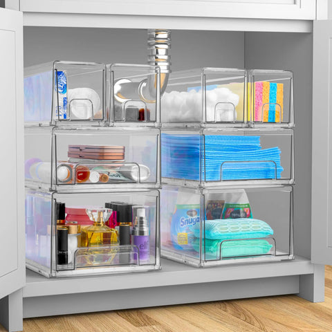 Must-Have Large Clear Stackable Storage Drawers 2-Pack With Handles Easy Pull-Out Plastic Organizer Bins in use under cabinet
