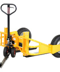 Heavy Duty Steel Tow Bar Kit For All Terrain Pallet Jack Foldable Pin Hitch compatible with ATV, showing yellow steel frame and wheels.