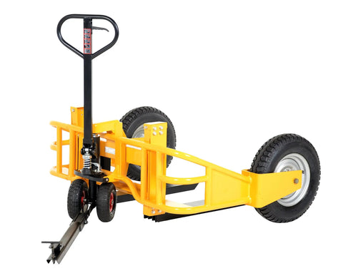 Heavy Duty Steel Tow Bar Kit For All Terrain Pallet Jack Foldable Pin Hitch compatible with ATV, showing yellow steel frame and wheels.