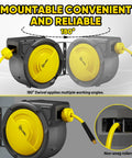 Heavy Duty Retractable Air Hose Reel With Auto Rewind And Full Pivot Swivel Wall Mount For Garage Crew Or DIY Pros Featuring Eighty Foot Three Eighth Inch Hybrid Line With Six Point Five Foot Lead In Tube Handling Three Hundred Psi No Fuss, showing 180° swivel and non-snag rollers.