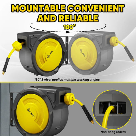 Heavy Duty Retractable Air Hose Reel With Auto Rewind And Full Pivot Swivel Wall Mount For Garage Crew Or DIY Pros Featuring Eighty Foot Three Eighth Inch Hybrid Line With Six Point Five Foot Lead In Tube Handling Three Hundred Psi No Fuss, showing 180° swivel and non-snag rollers.