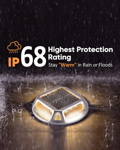 8 Pack Solar Deck Lights Outdoor Waterproof LED Dusk To Dawn For Backyard Garden Pathway Walkway Patio And Sidewalk 12 LED Solar Dock Lights Marine Grade Warm White shown in rain with IP68 rating
