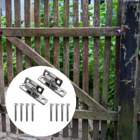 Dead Simple Heavy Duty Farm Gate Hinges 2 Pack Rust Proof 304 Stainless Steel attached to a wooden gate with screws visible.