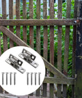 Heavy Duty Gate Hinges For Yard And Shed Doors, Bully Proof Fence Hardware With Hella Easy No Sweat Installation, Top Shelf Screw Kit Included For Badass Outdoor Upgrades displayed on a wooden gate.