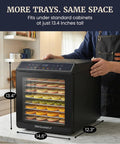 Amp Up Your Snack Game With This Solid 10 Tray Stainless Steel Digital Food Dehydrator displaying fruits in the trays and precise size dimensions.