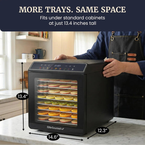 Amp Up Your Snack Game With This Solid 10 Tray Stainless Steel Digital Food Dehydrator displaying fruits in the trays and precise size dimensions.