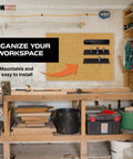 Heavy Duty Metal Hand Tool Organizer Rack for Wall Mount in workshop, showing pegboard installation and tool storage features.