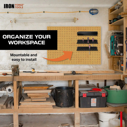 Heavy Duty Metal Hand Tool Organizer Rack for Wall Mount in workshop, showing pegboard installation and tool storage features.